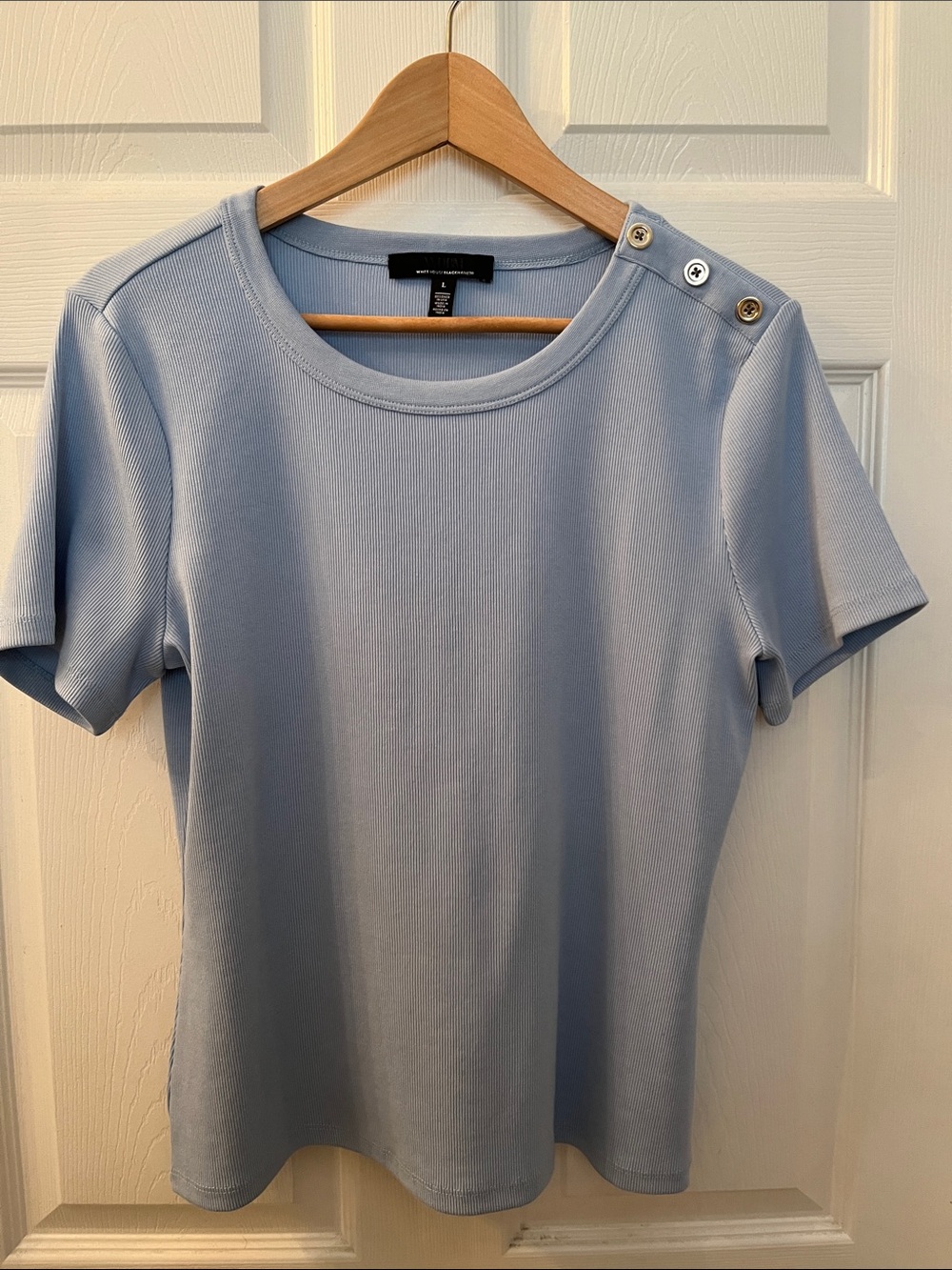 NEW White House Black Market Light Blue Ribbed Short-Sleeve Button-Shoulder Top